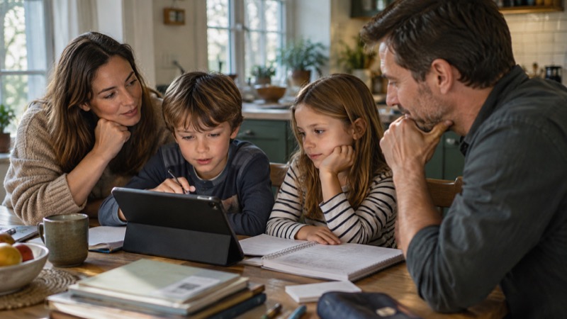 Two adults and two school-age children at kitchen table discussing tablet and handwritten notebooks.