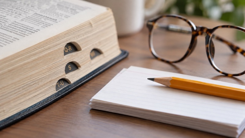 Dictionary edge, index cards, pencil and reading glasses on clean desk in extreme closeup.