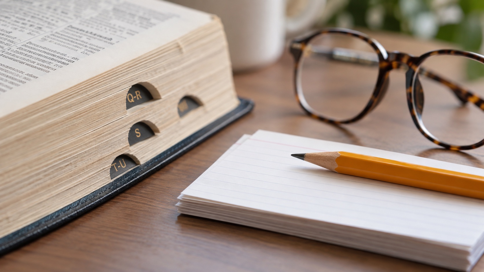 Dictionary edge, index cards, pencil and reading glasses on clean desk in extreme closeup.