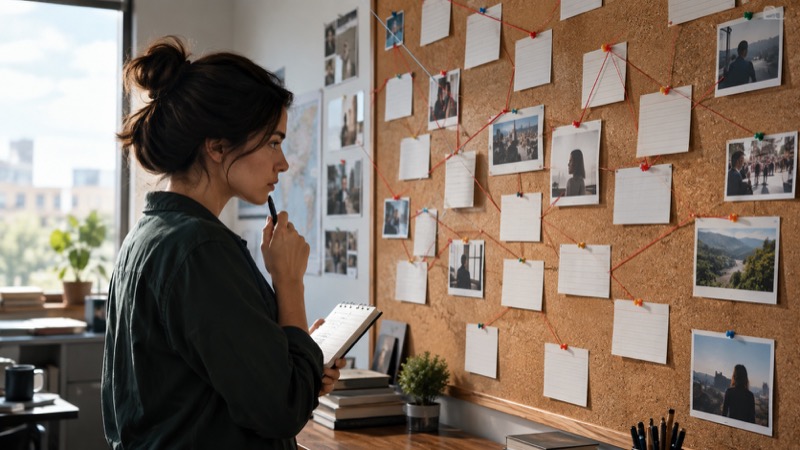 Newsroom corkboard with blank comment cards connected by thread; researcher in profile taking notes.