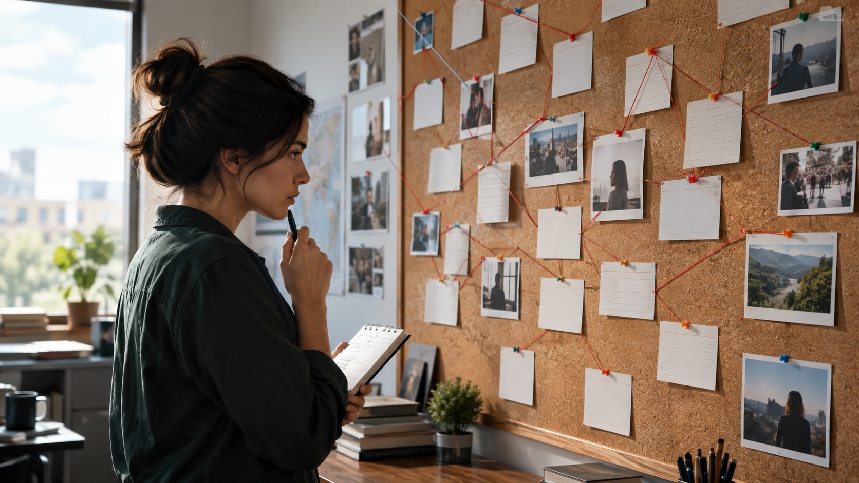 Newsroom corkboard with blank comment cards connected by thread; researcher in profile taking notes.