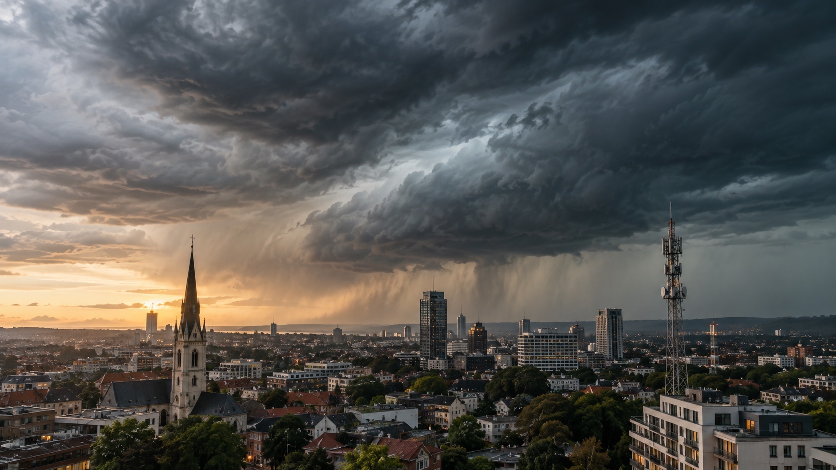 Intact modern city under dramatic approaching natural storm, church spire and telecom tower both visible.