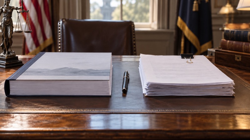 Two separate paper stacks on government desk: bound report and clipped legal document, unbranded pen between them.