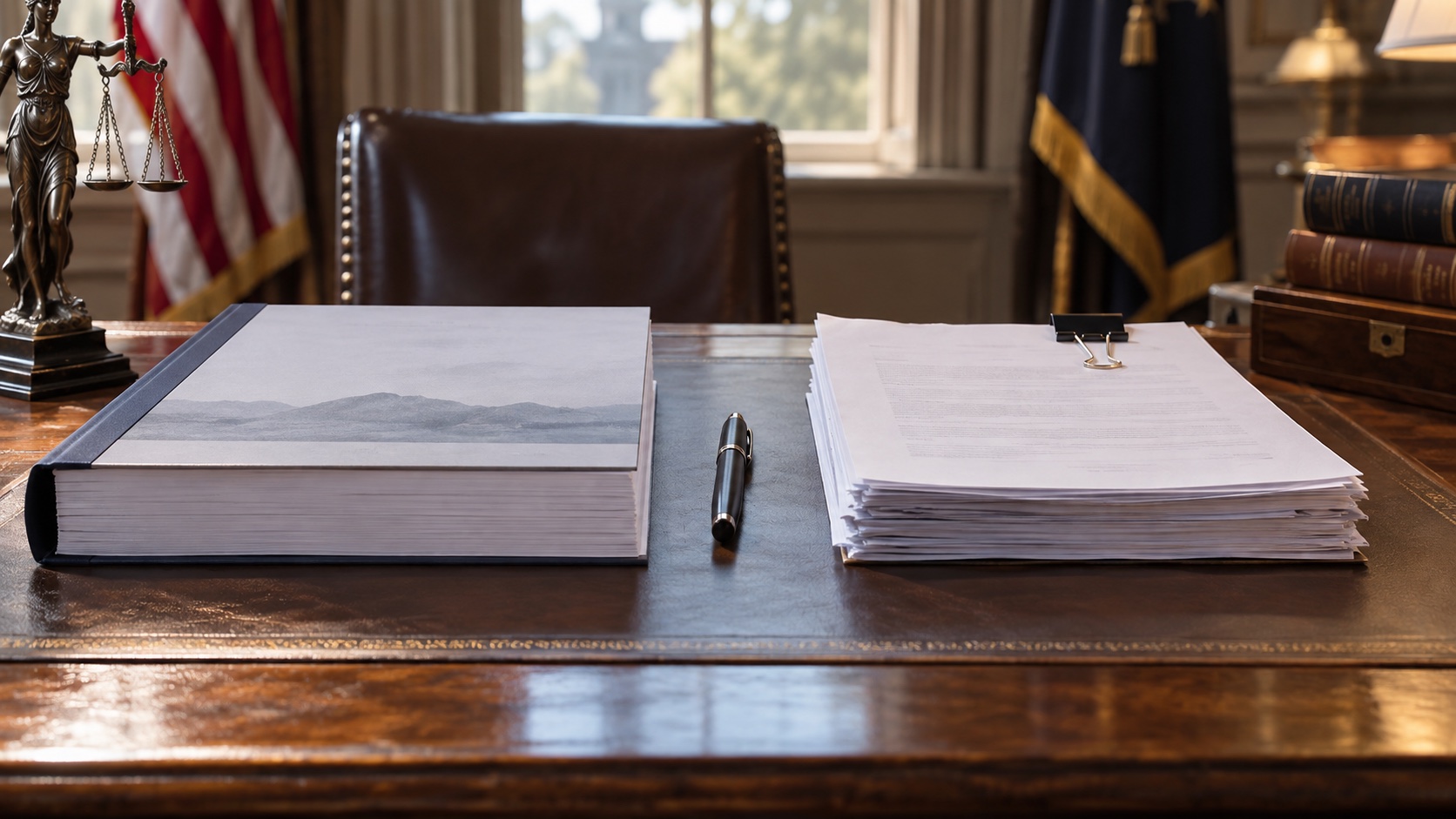 Two separate paper stacks on government desk: bound report and clipped legal document, unbranded pen between them.