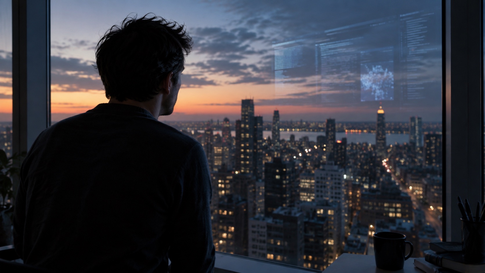 Lone adult researcher looking through high-rise window at city at dusk, monitor reflections in glass.