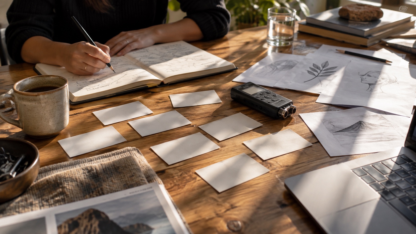 Branding workshop desk with blank word cards, pencil sketches and recording device, sunlight and tactile materials, no logos..