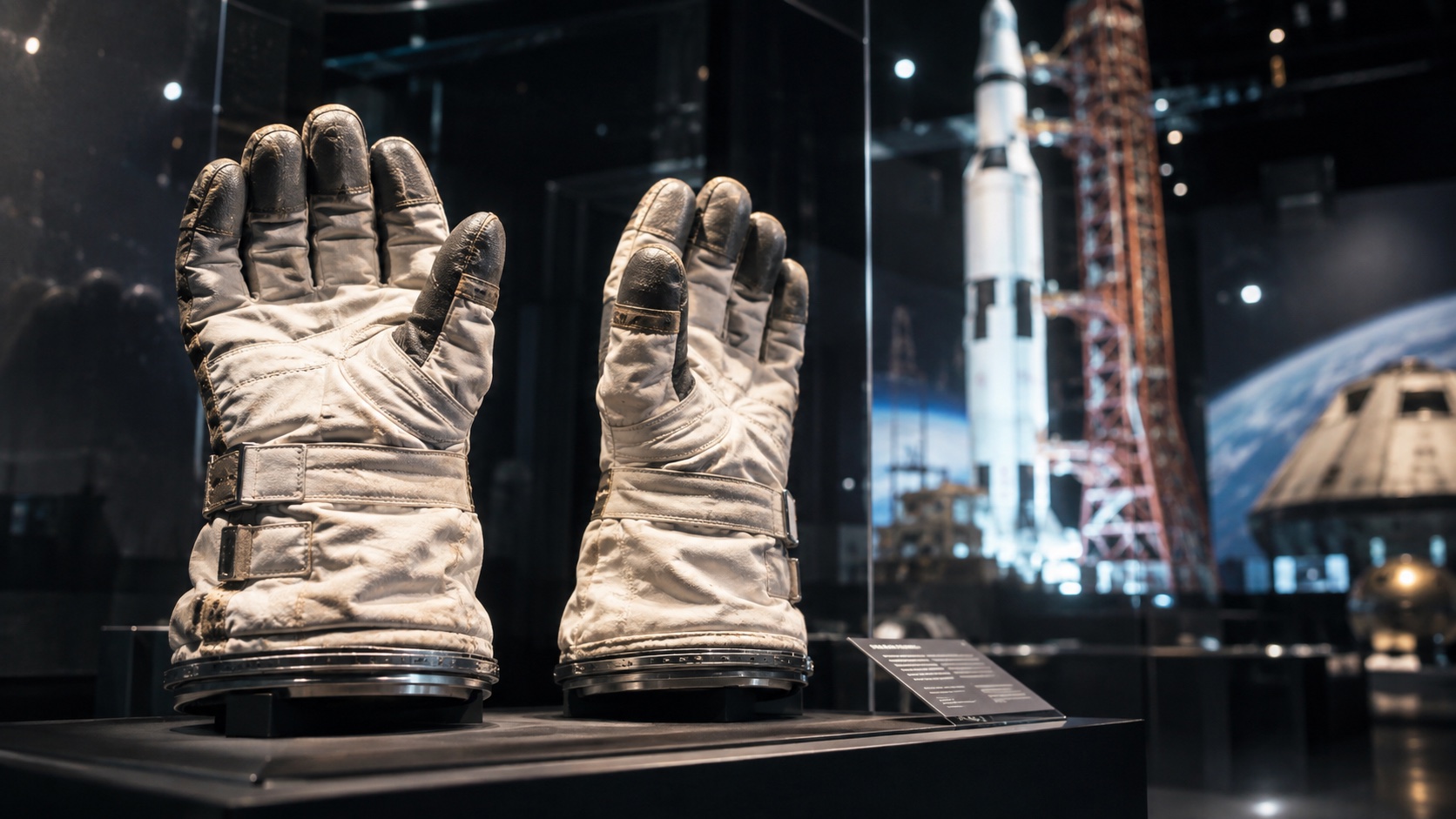Two astronaut gloves displayed together in space museum case with blurred launch-vehicle model behind.