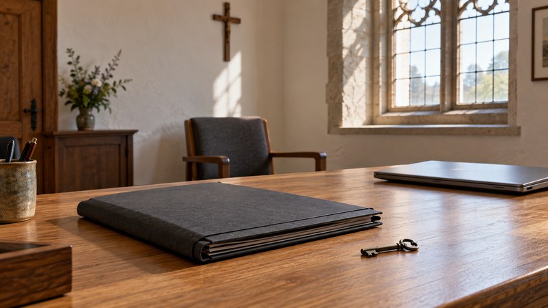 A closed document folder and key sit on a wooden desk, with a closed laptop and an empty chair in a church office.