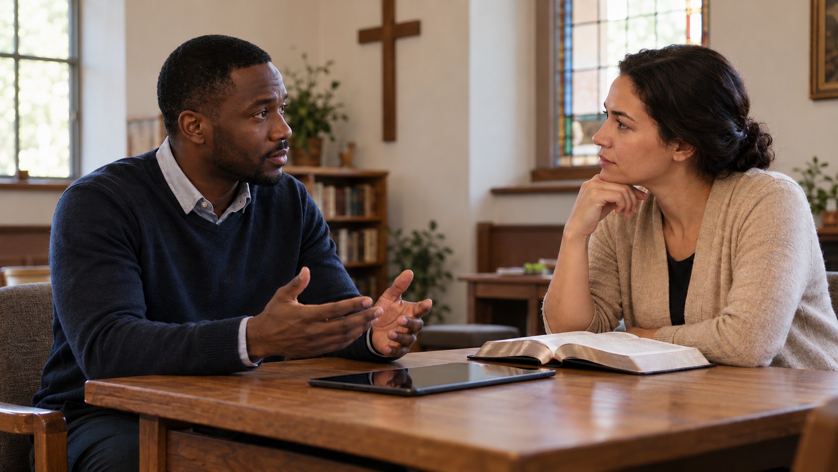 Two adults discuss an open book beside a tablet in a church meeting room.