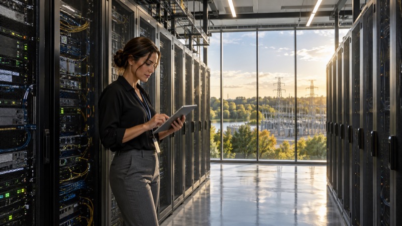 An engineer reviewing a tablet beside server racks.