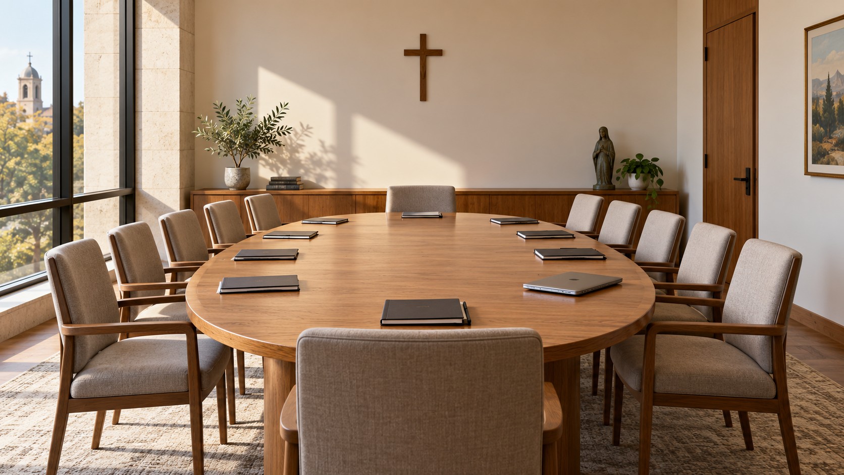 Imagined empty conference room with chairs, notebooks and a closed laptop around an oval table beneath a wall cross.