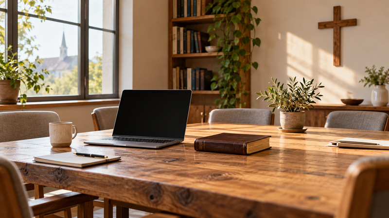 AI-generated illustration of an imagined Christian community office with an open laptop, closed Bible and empty chairs around a sunlit table.