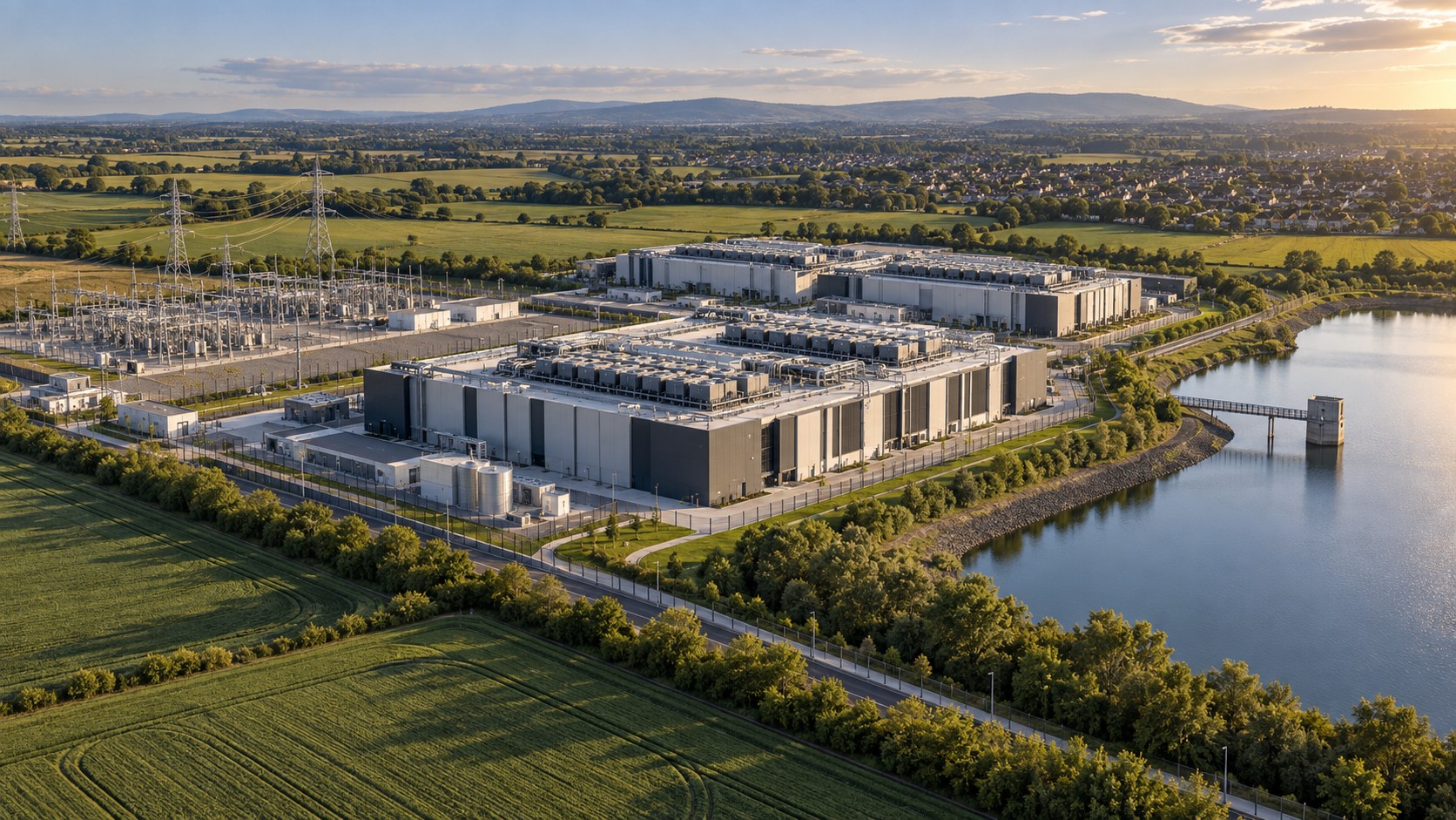 Imagined data center beside water, farmland and homes; not a named facility or evidence of environmental harm.